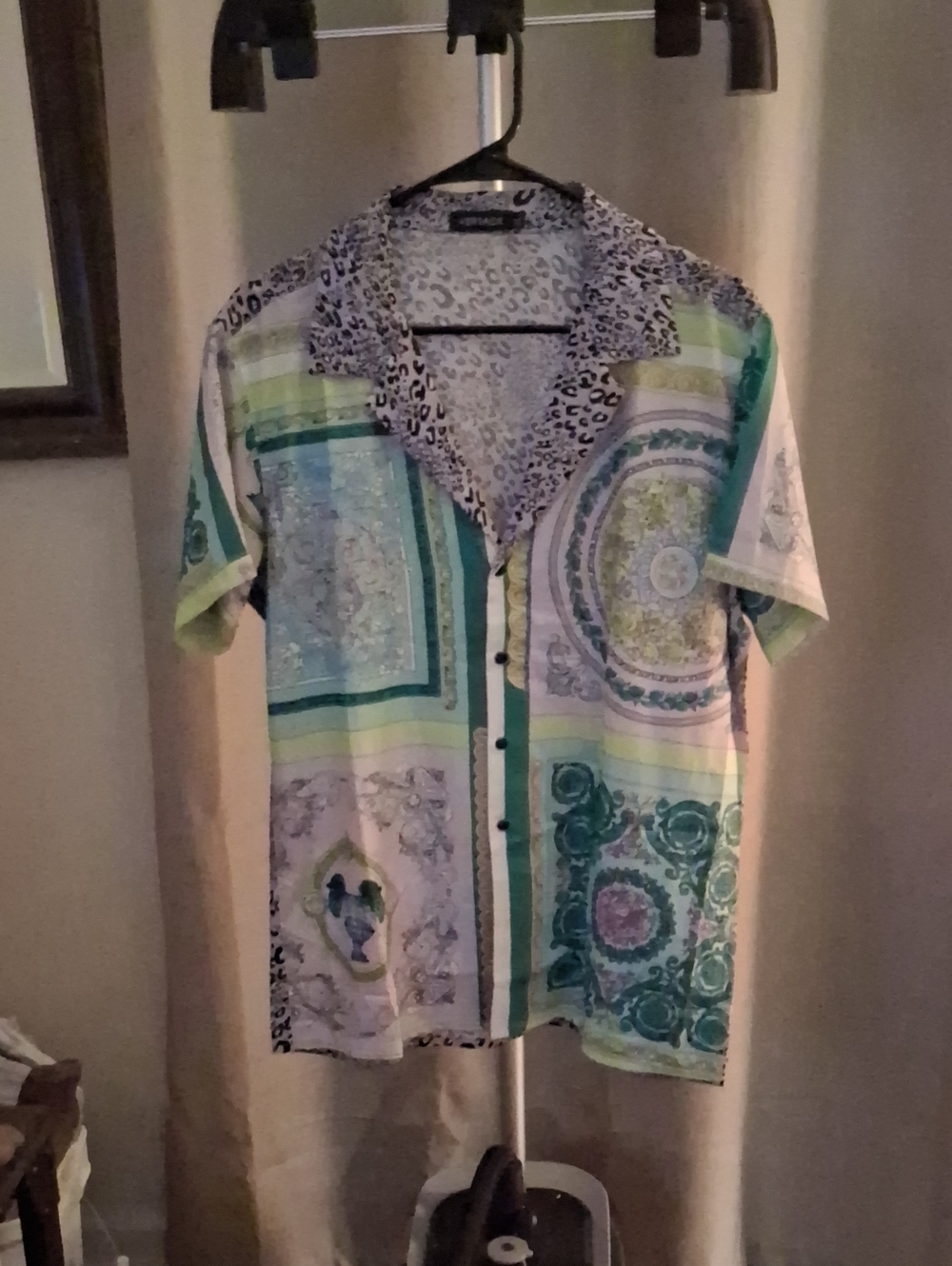 Versace Green Multi Print Short-Sleeve Button-Up Shirt